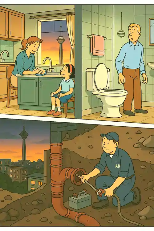 Cartoon of a TehranPlumber technician using a drain-cleaning machine to battle a water dragon clog in Tehran, with Milad Tower in the background